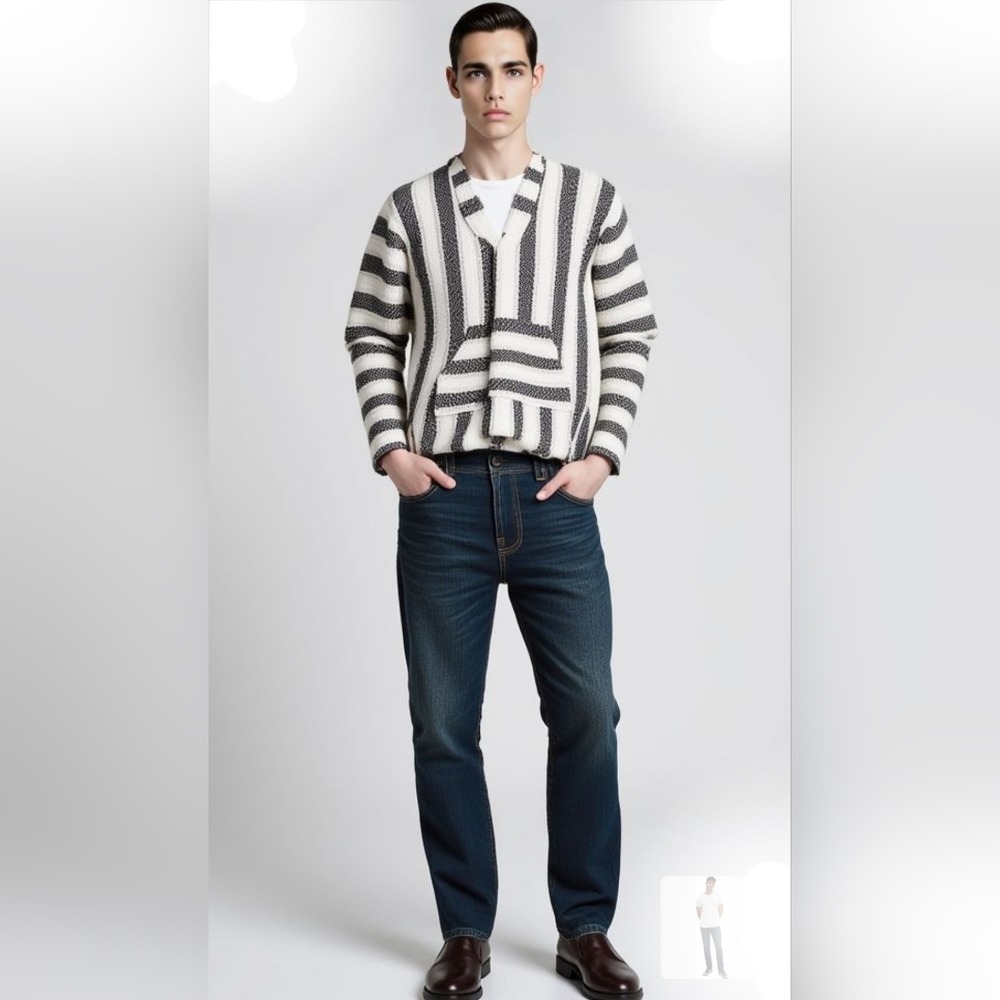 NWT Desing Baja Style Striped Hoodie Sweater Cream Black Festival Size M Poncho - Picture 2 of 12